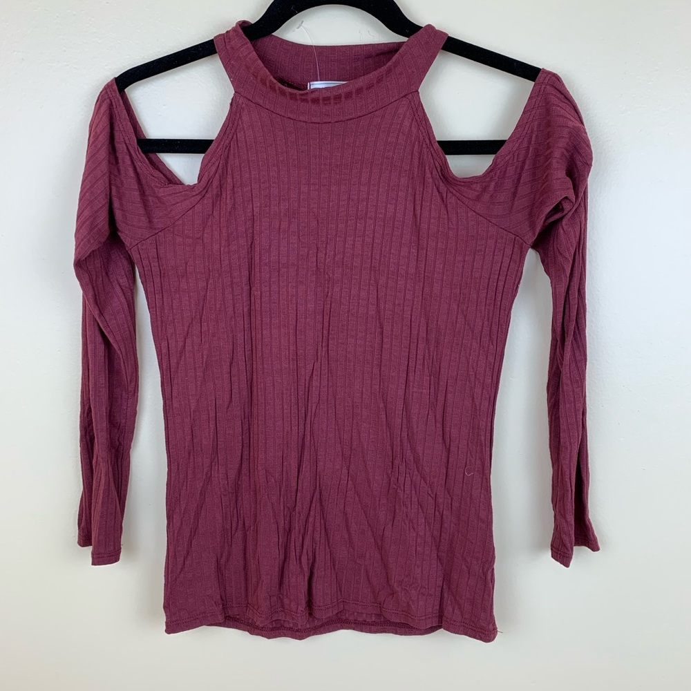 Long sleeve open shoulder ripped shirt